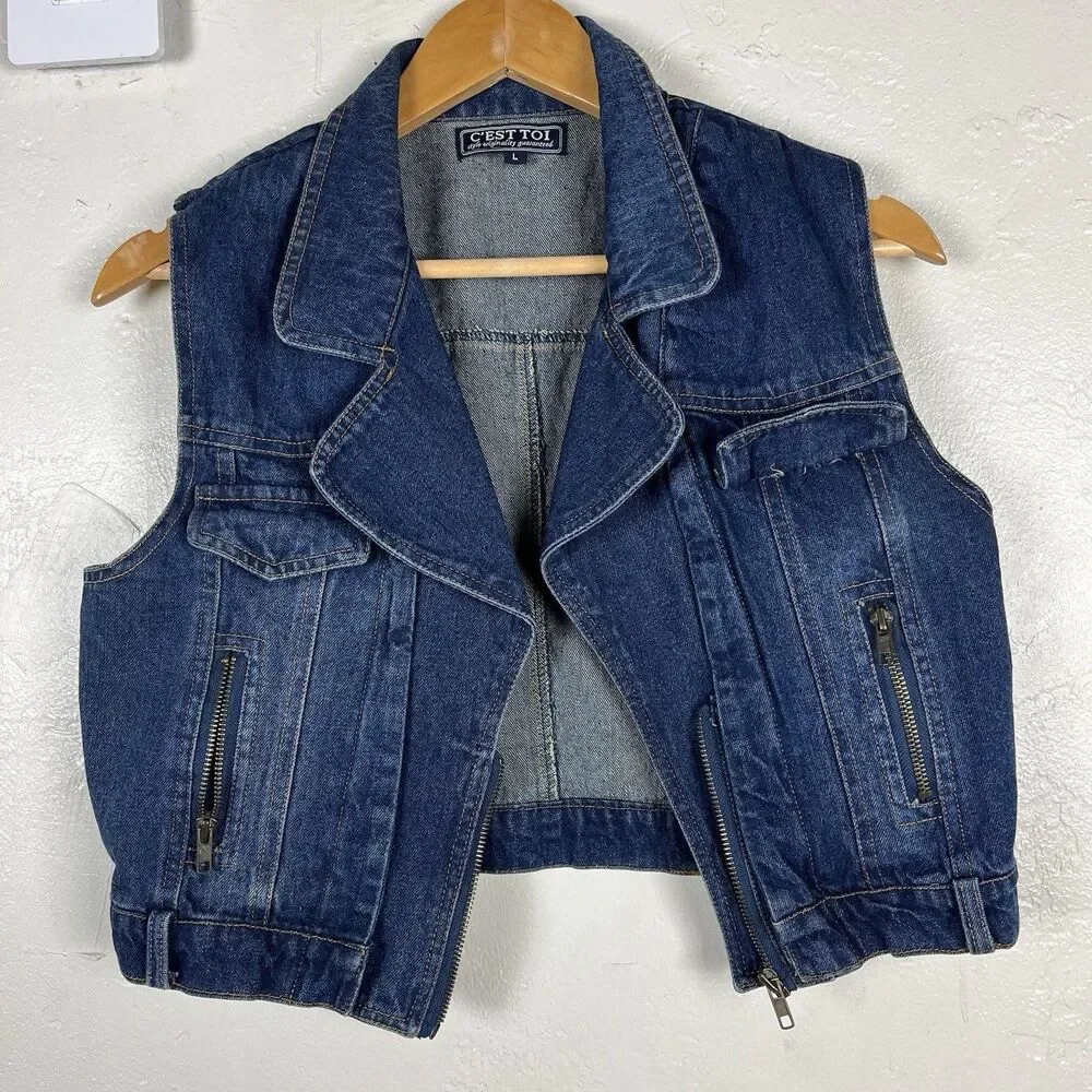 Vintage C’est Toi Denim Moto Vest Women’s Large Blue Zip Front Sleeveless Jean - Picture 10 of 12